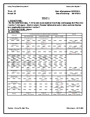 Giáo án Tiếng Anh Lớp 7 - Tiết 20 Test 1 - Năm học 2015-2016 - Hoàng Thị Bích Thủy